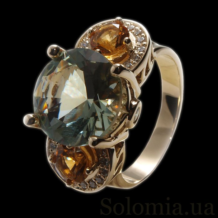 Кольцо из желтого золота с бриллиантами, кварцем и цитрином