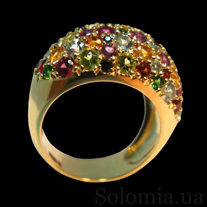 Кольцо из желтого золота с разноцветными камнями и бриллиантами
