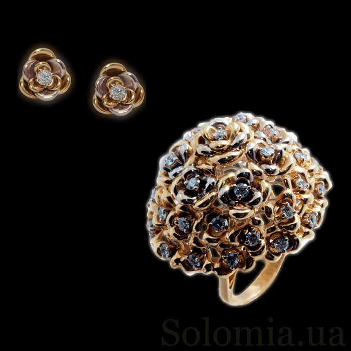 Кольцо и серьги из белого и желтого золота с бриллиантами